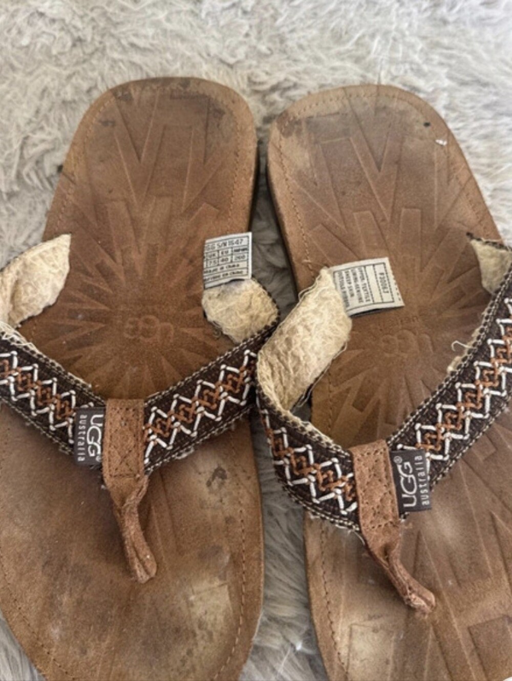UGG Brown Braided Leather Shearling-Trim Flip Flops